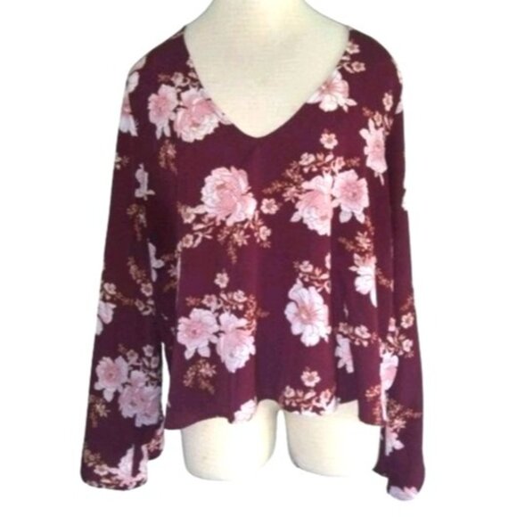 Forever 21+ Womens Burgundy Floral V-Neck Long Sleeve Blouse Plus Size 2X - Picture 2 of 7